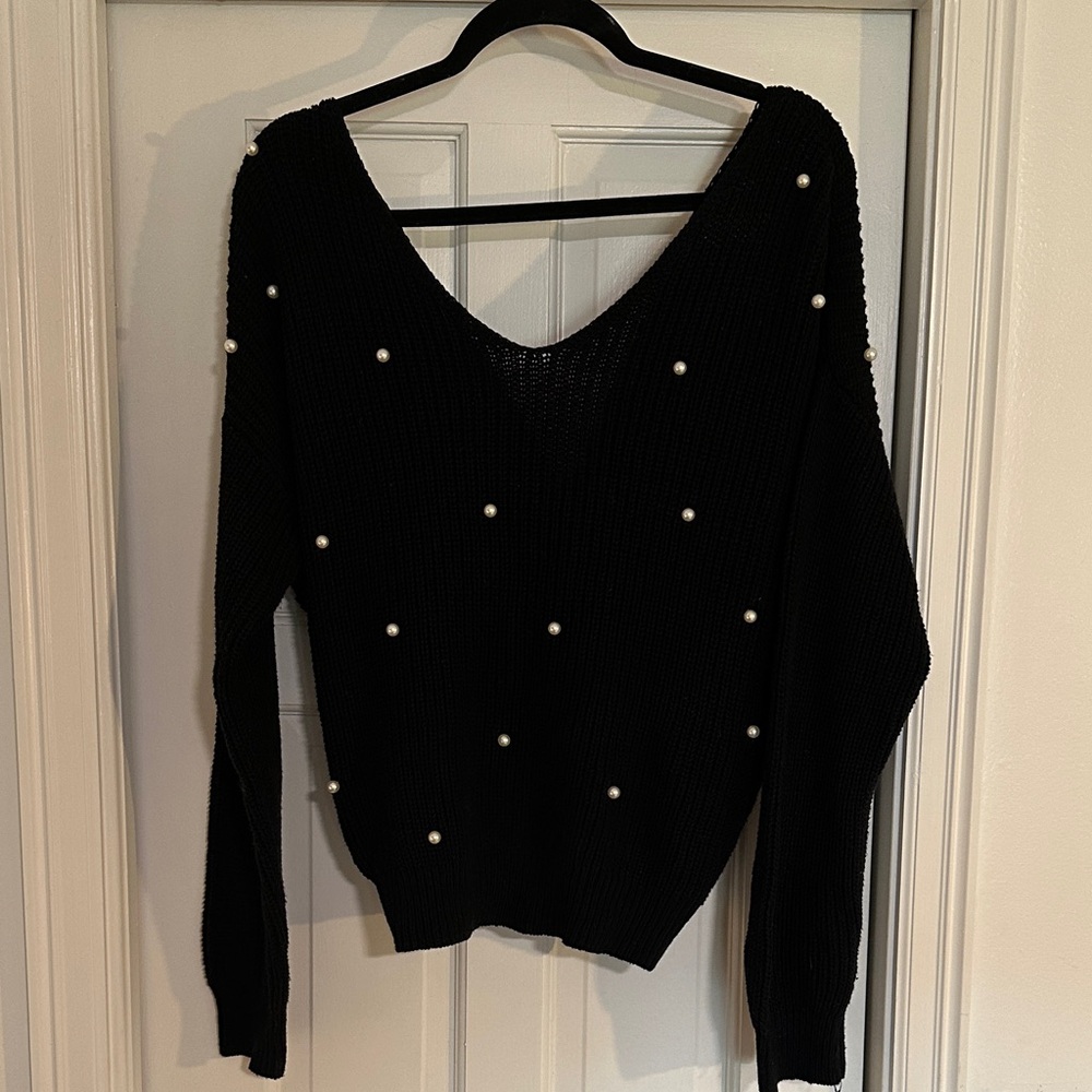 Jessica Simpson Black V-Neck Sweater with Pearl Accents